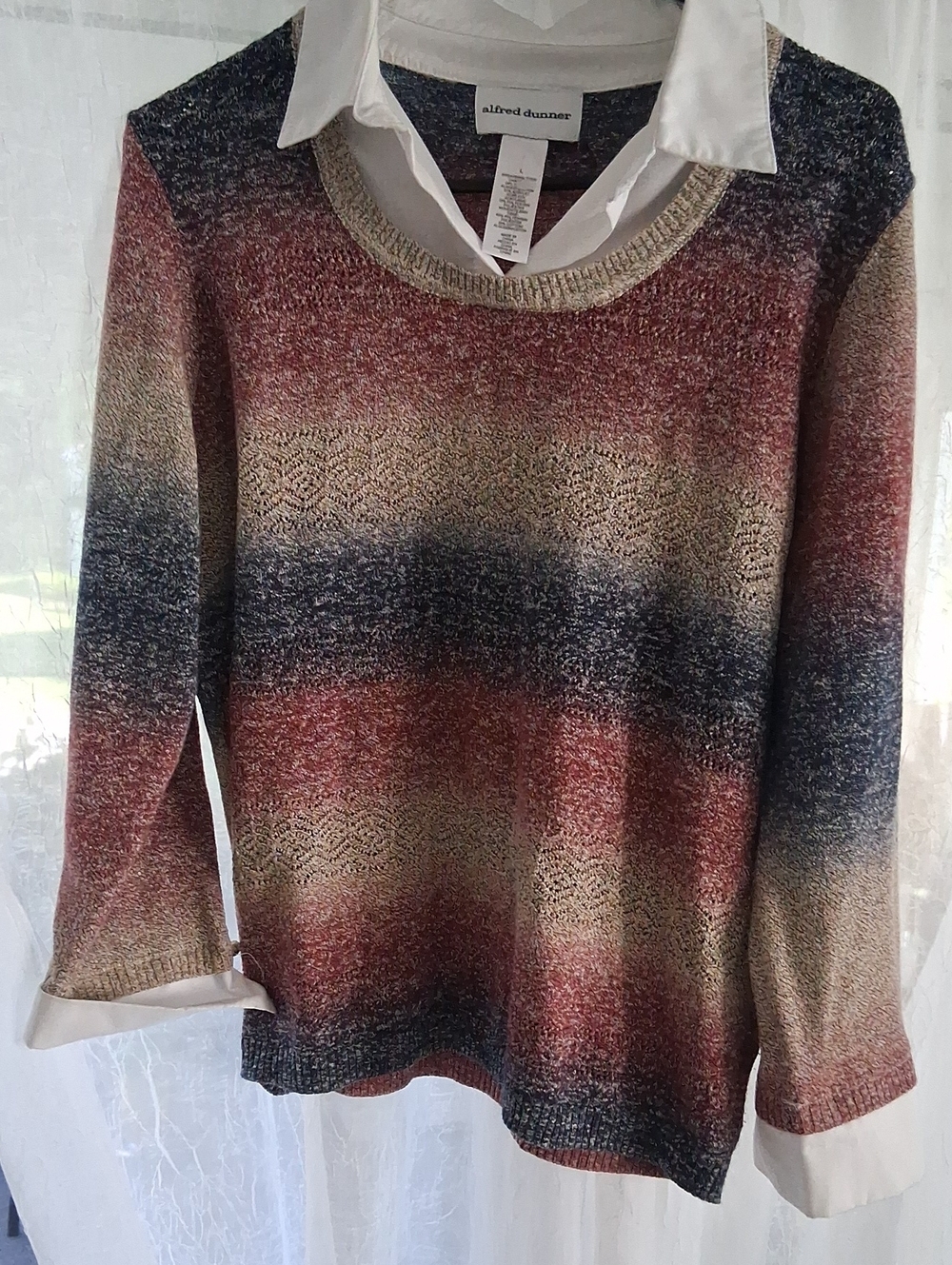 Alfred Dunner Striped Gradient Crewneck Sweater in Rust, Navy & Gold